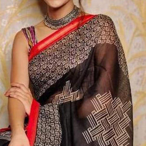 Black Casual Wear Digital Printed Chanderi Silk Saree - Peachmode