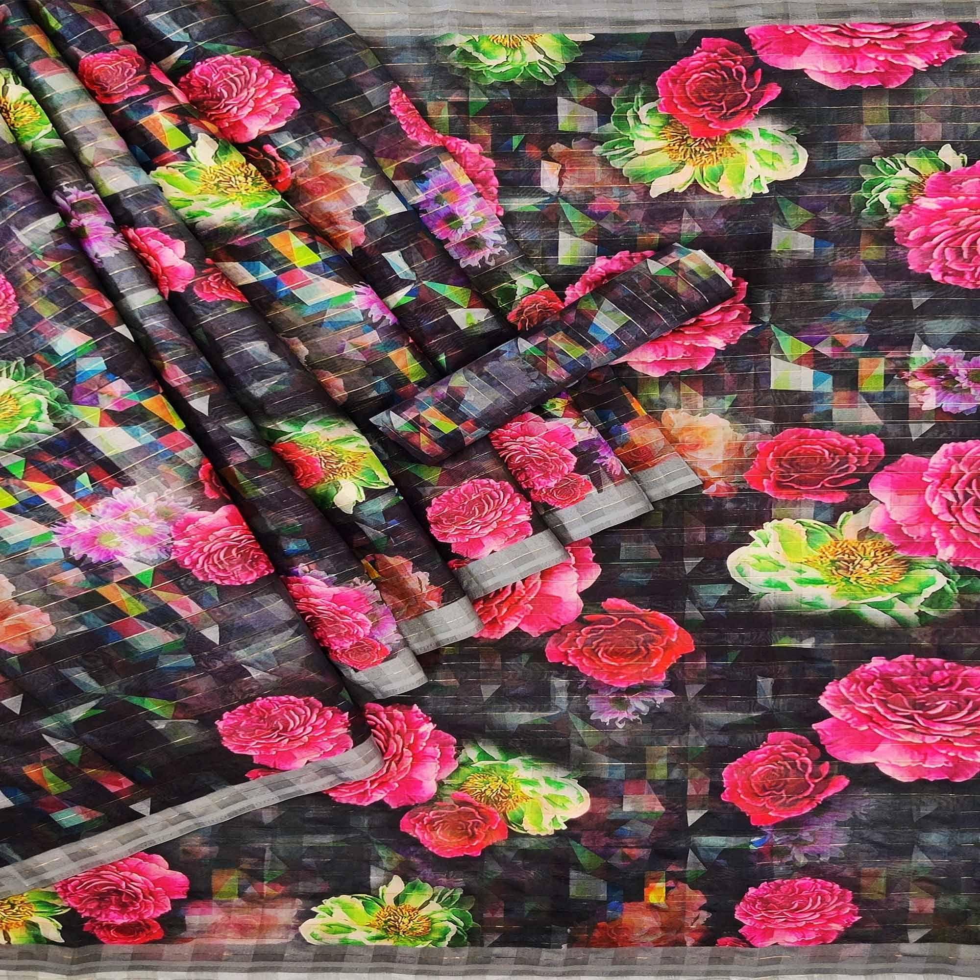 Black Casual Wear Digital Printed Cotton Silk Saree - Peachmode