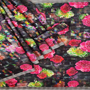 Black Casual Wear Digital Printed Cotton Silk Saree - Peachmode