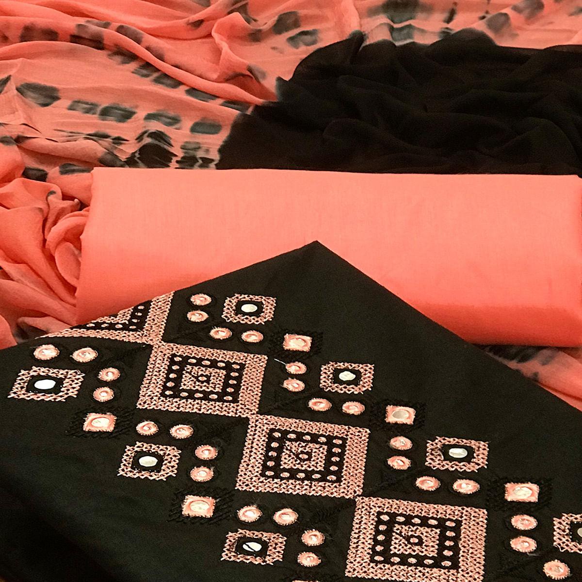 Black Casual Wear Embroidered & Mirror Work Cotton Dress Material - Peachmode