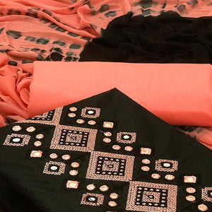 Black Casual Wear Embroidered & Mirror Work Cotton Dress Material - Peachmode