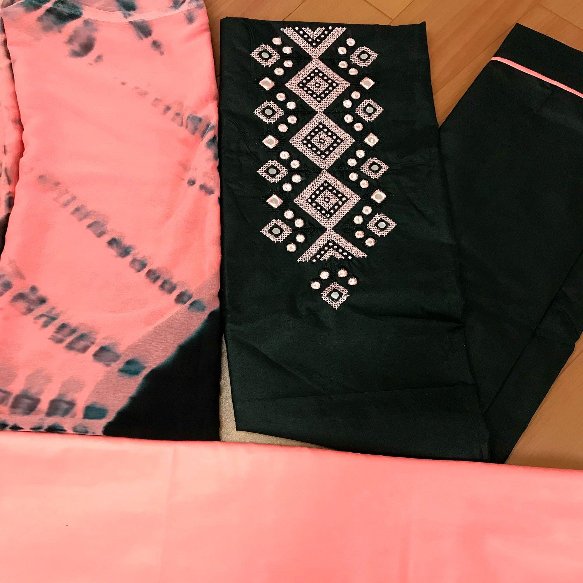 Black Casual Wear Embroidered & Mirror Work Cotton Dress Material - Peachmode