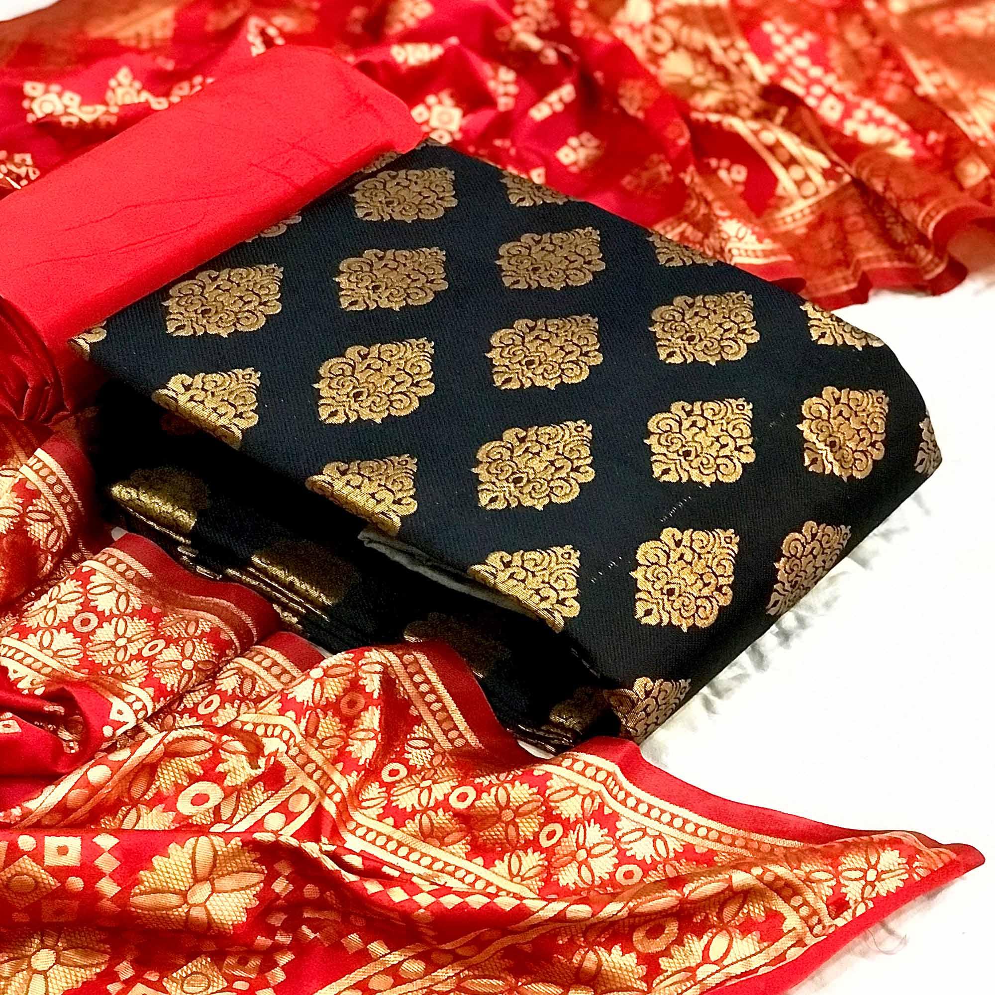 Black Casual Wear Embroidered Banarasi Silk Dress Material - Peachmode