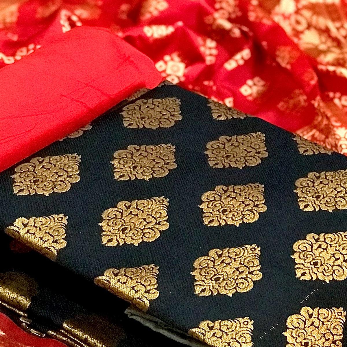 Black Casual Wear Embroidered Banarasi Silk Dress Material - Peachmode