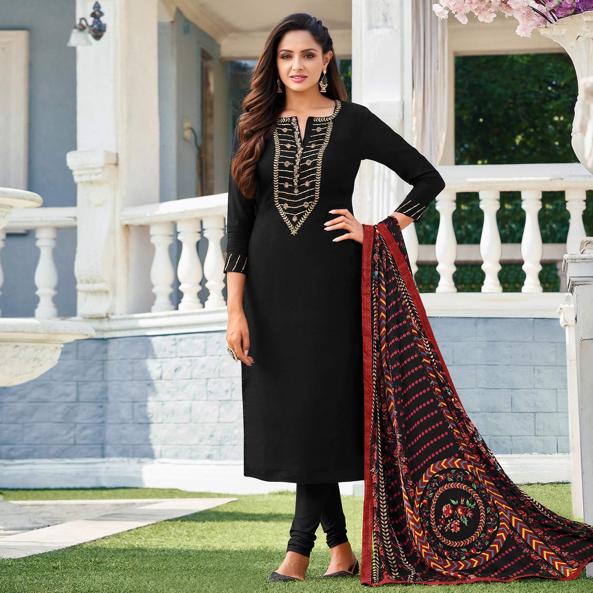 Black Casual Wear Embroidered Chanderi Dress Material - Peachmode