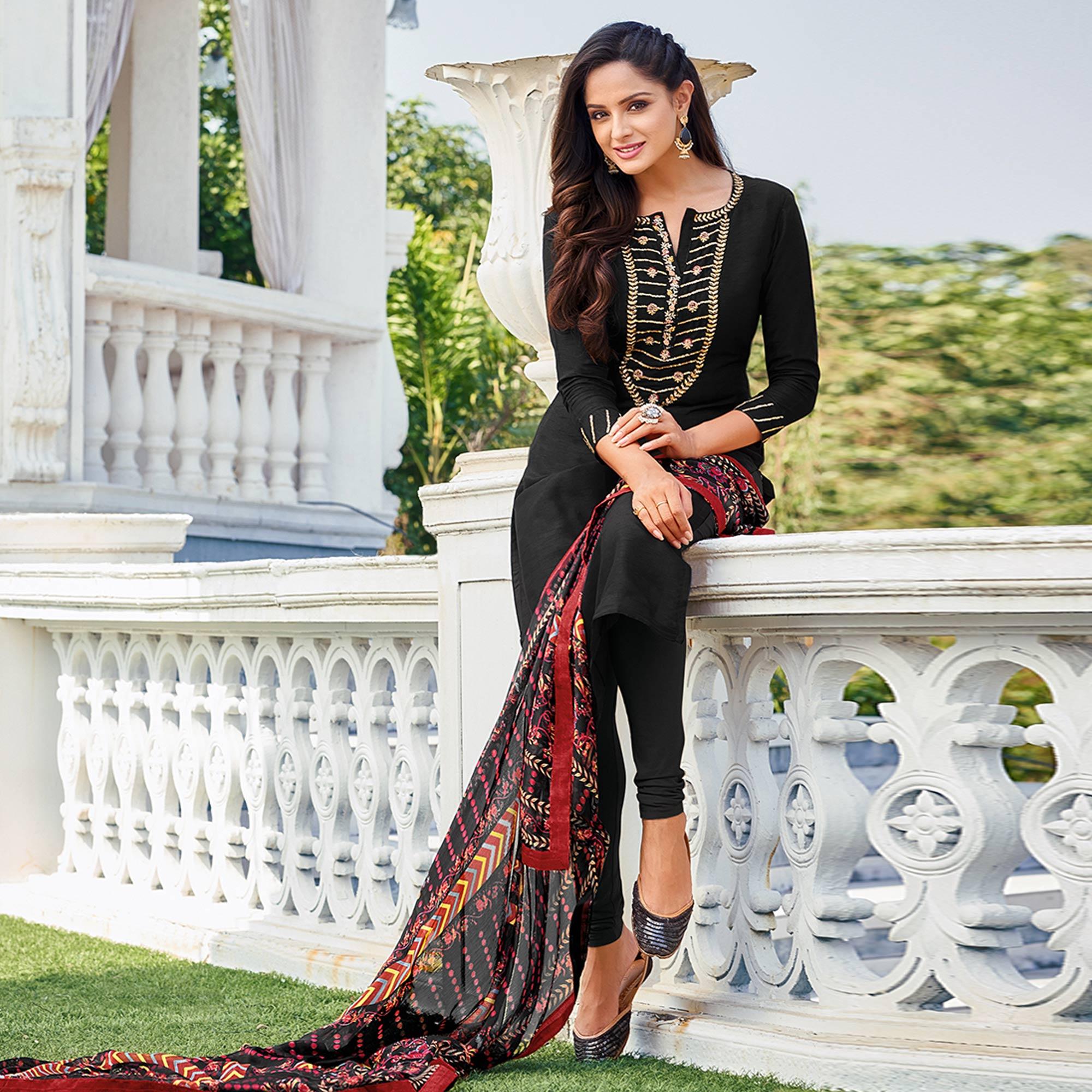 Black Casual Wear Embroidered Chanderi Dress Material - Peachmode