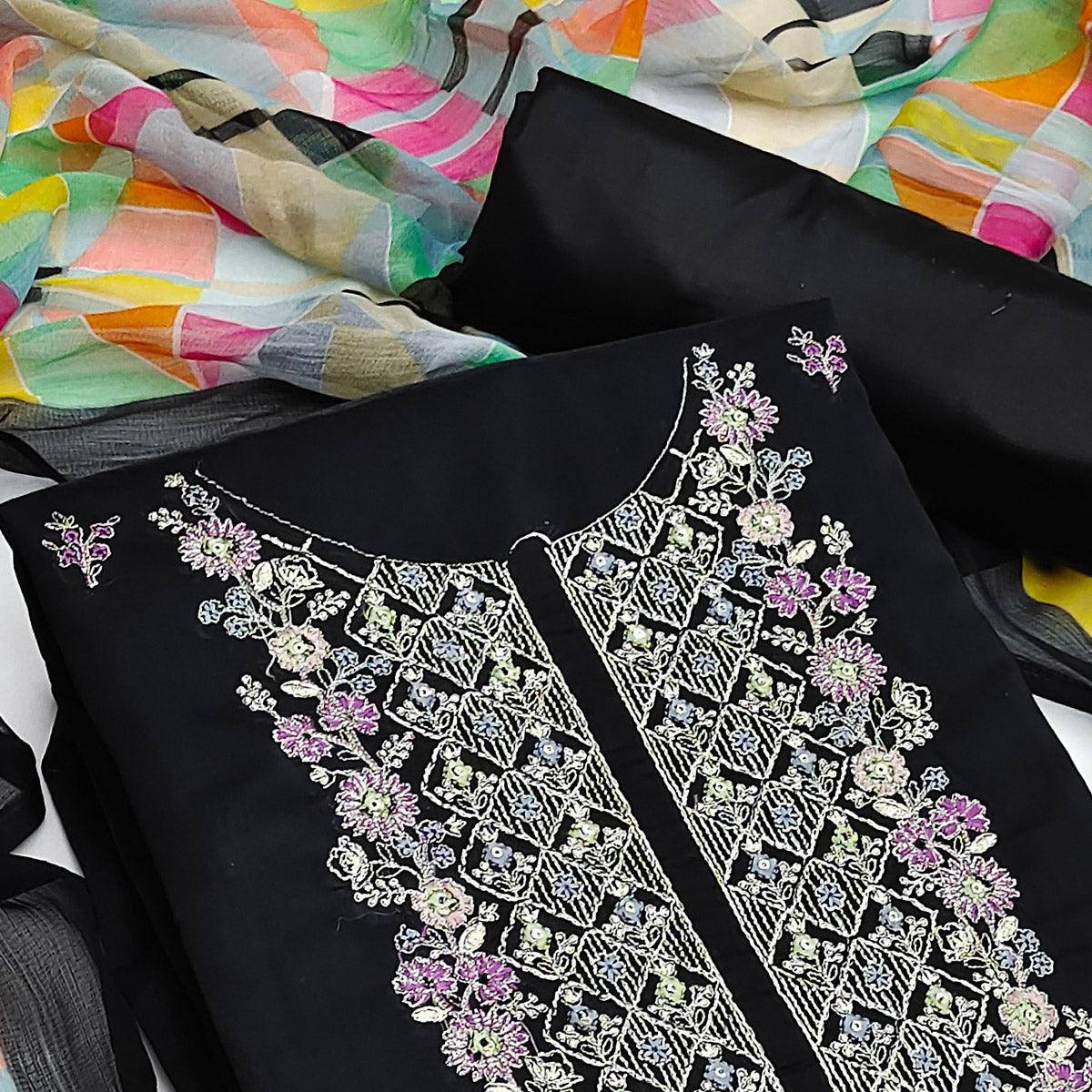 Black Casual Wear Embroidered Chanderi Dress Material - Peachmode