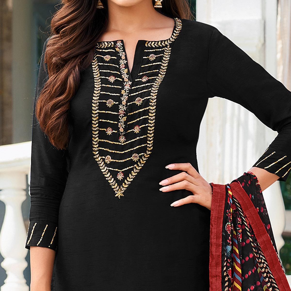 Black Casual Wear Embroidered Chanderi Dress Material - Peachmode