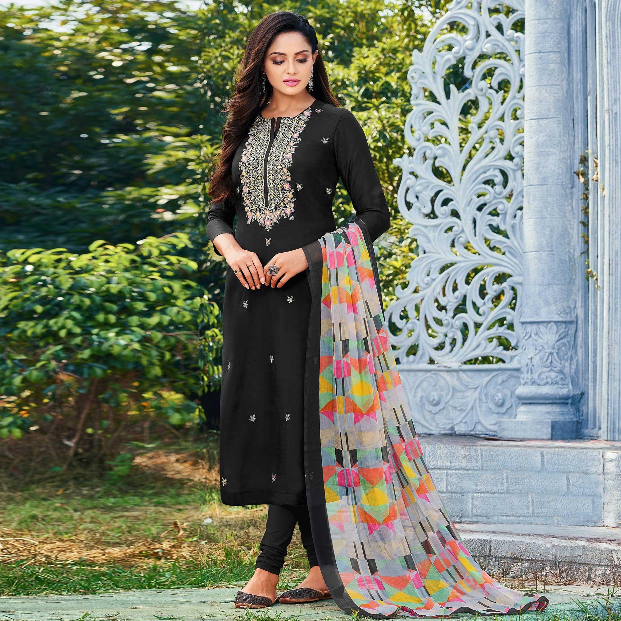 Black Casual Wear Embroidered Chanderi Dress Material - Peachmode