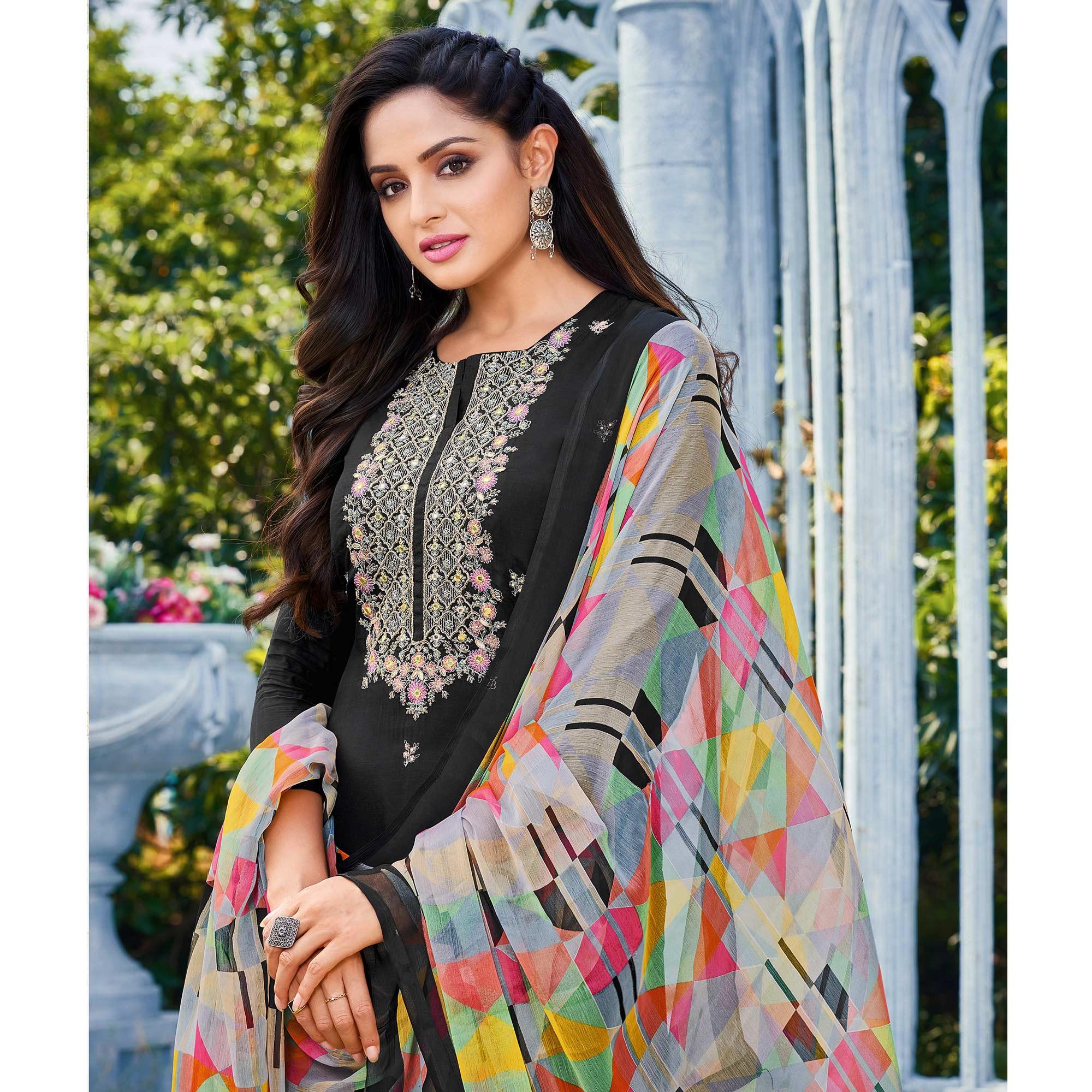 Black Casual Wear Embroidered Chanderi Dress Material - Peachmode