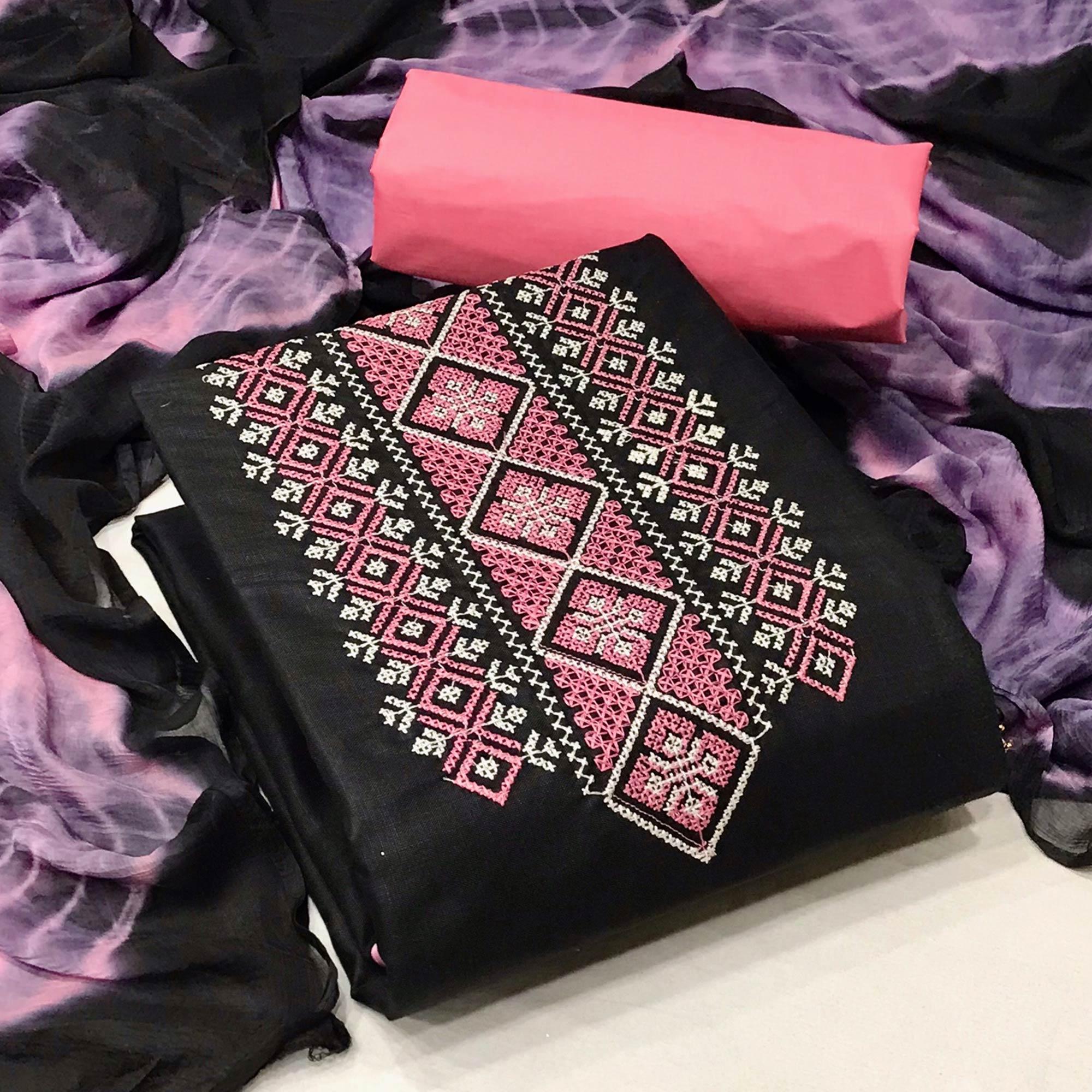 Black Casual Wear Embroidered Cotton Dress Material - Peachmode