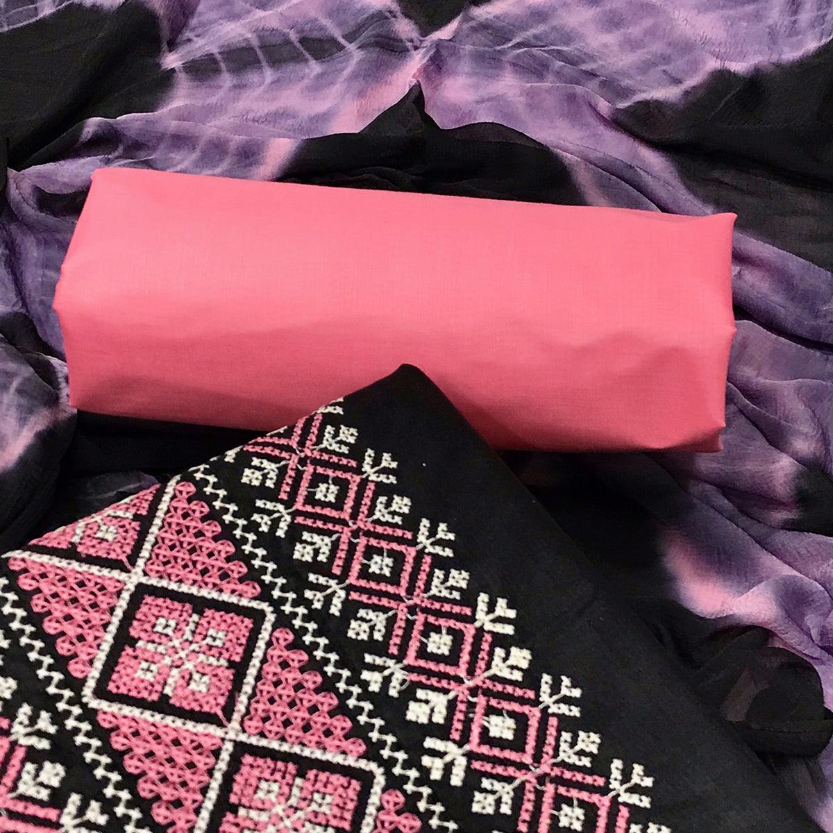 Black Casual Wear Embroidered Cotton Dress Material - Peachmode