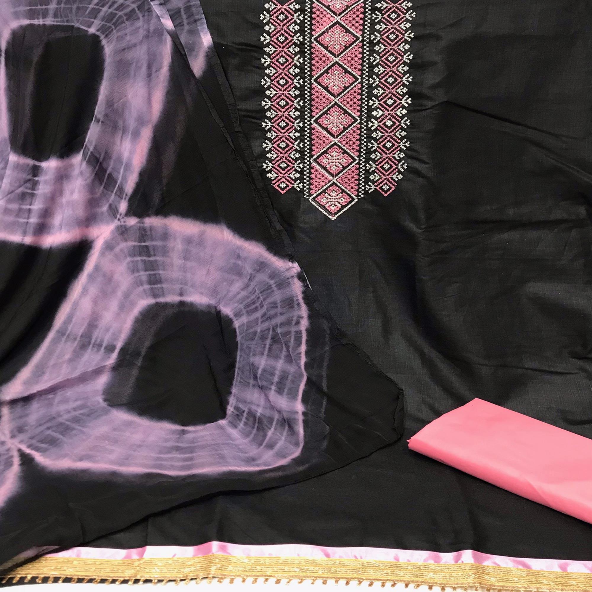 Black Casual Wear Embroidered Cotton Dress Material - Peachmode