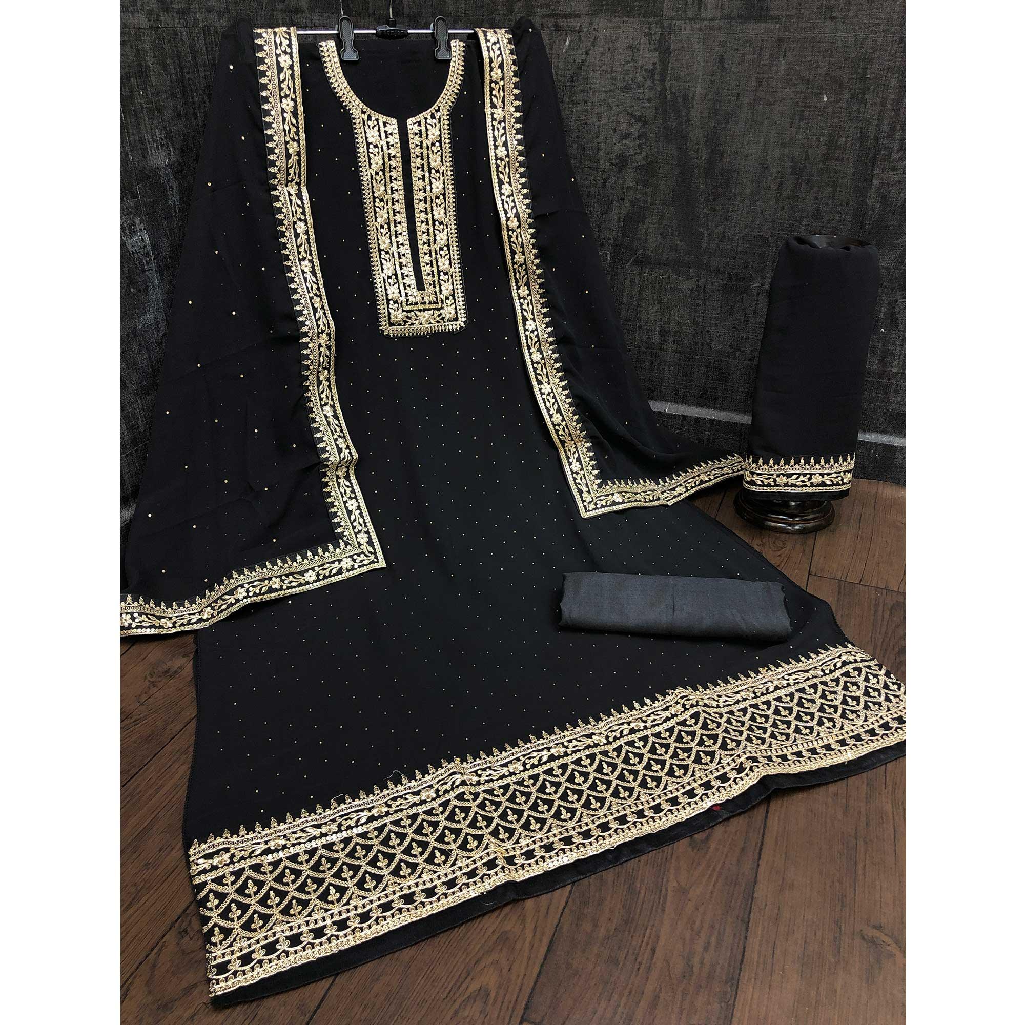 Black Casual Wear Embroidered Faux Georgette Salwar Suit - Peachmode