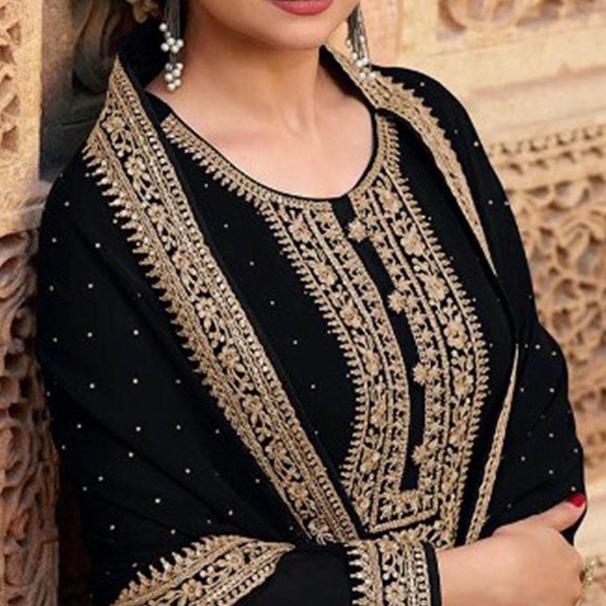 Black Casual Wear Embroidered Faux Georgette Salwar Suit - Peachmode