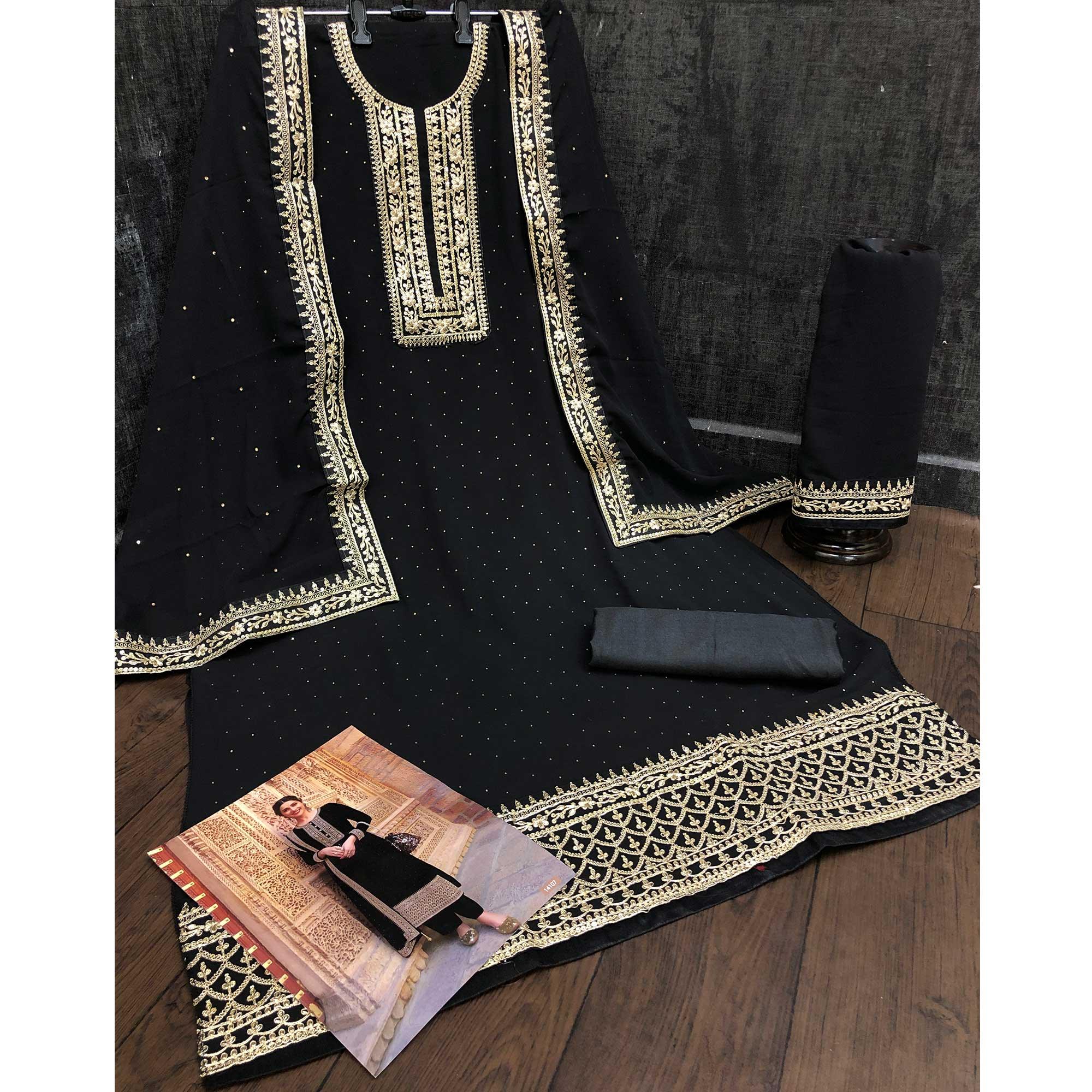 Black Casual Wear Embroidered Faux Georgette Salwar Suit - Peachmode