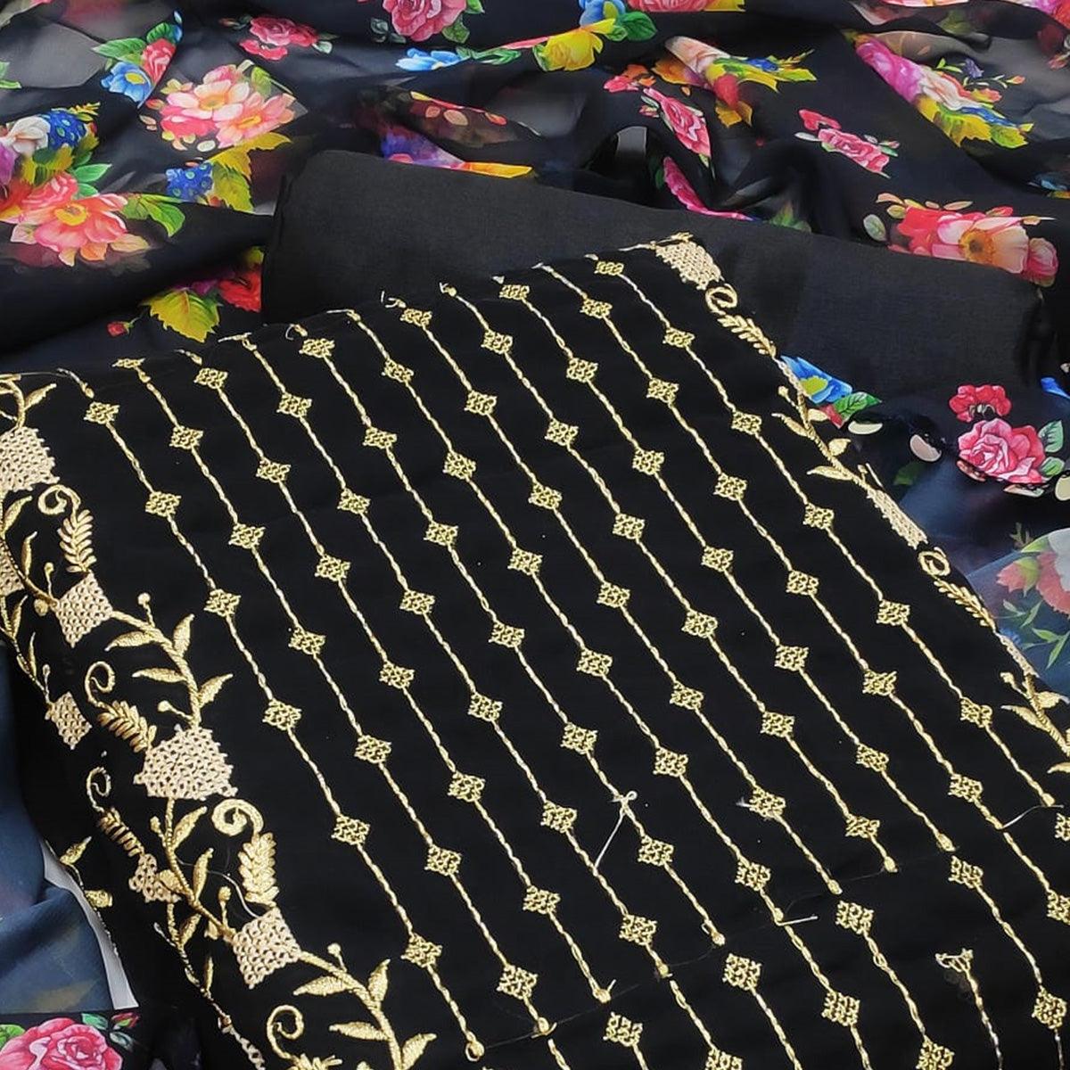 Black Casual Wear Embroidered Georgette Dress Material - Peachmode