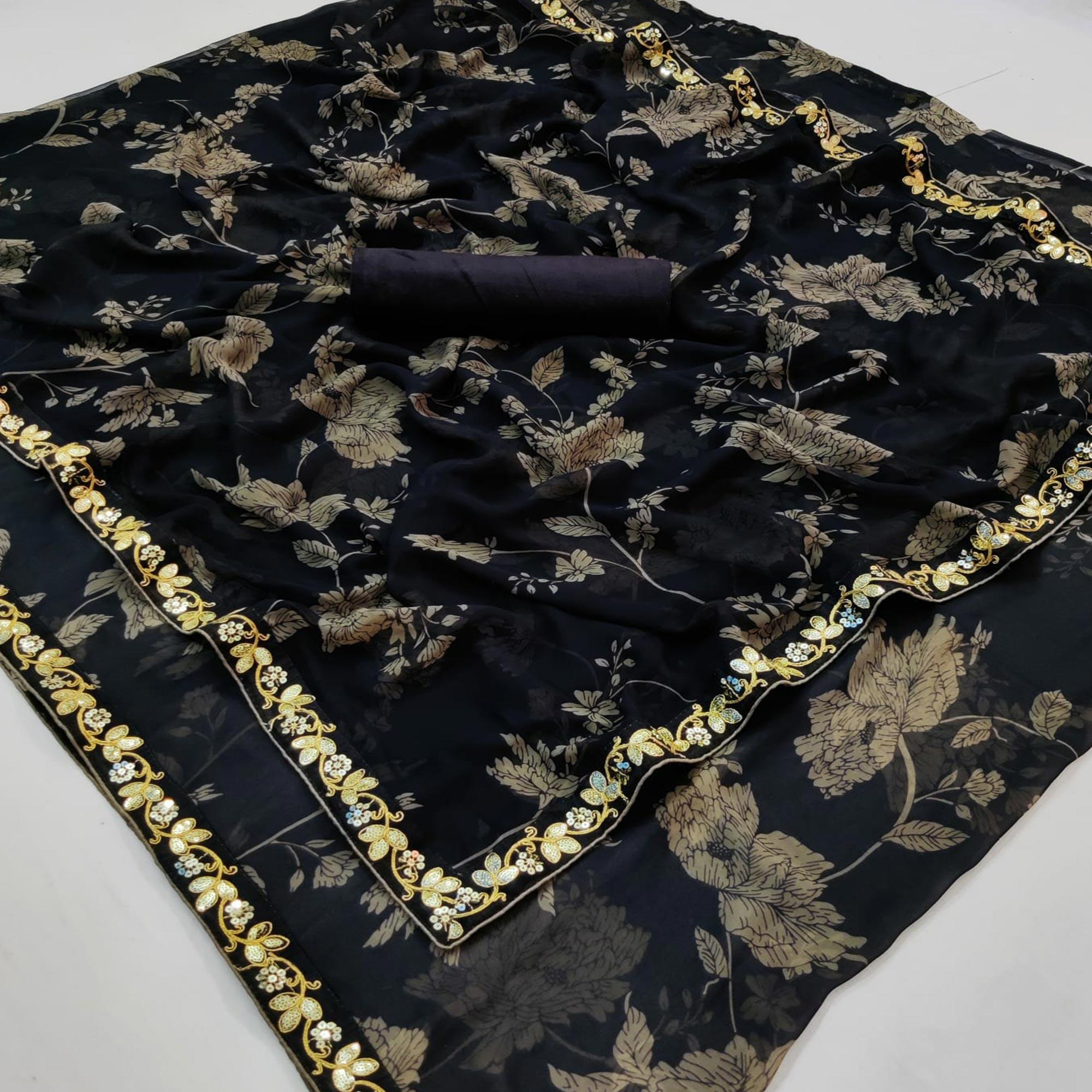 Black Casual Wear Embroidered Georgette Saree - Peachmode