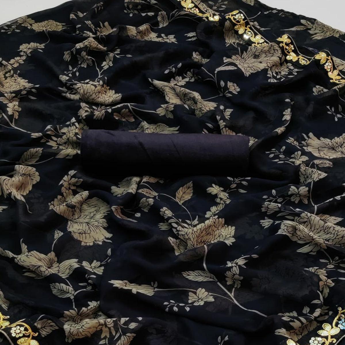 Black Casual Wear Embroidered Georgette Saree - Peachmode