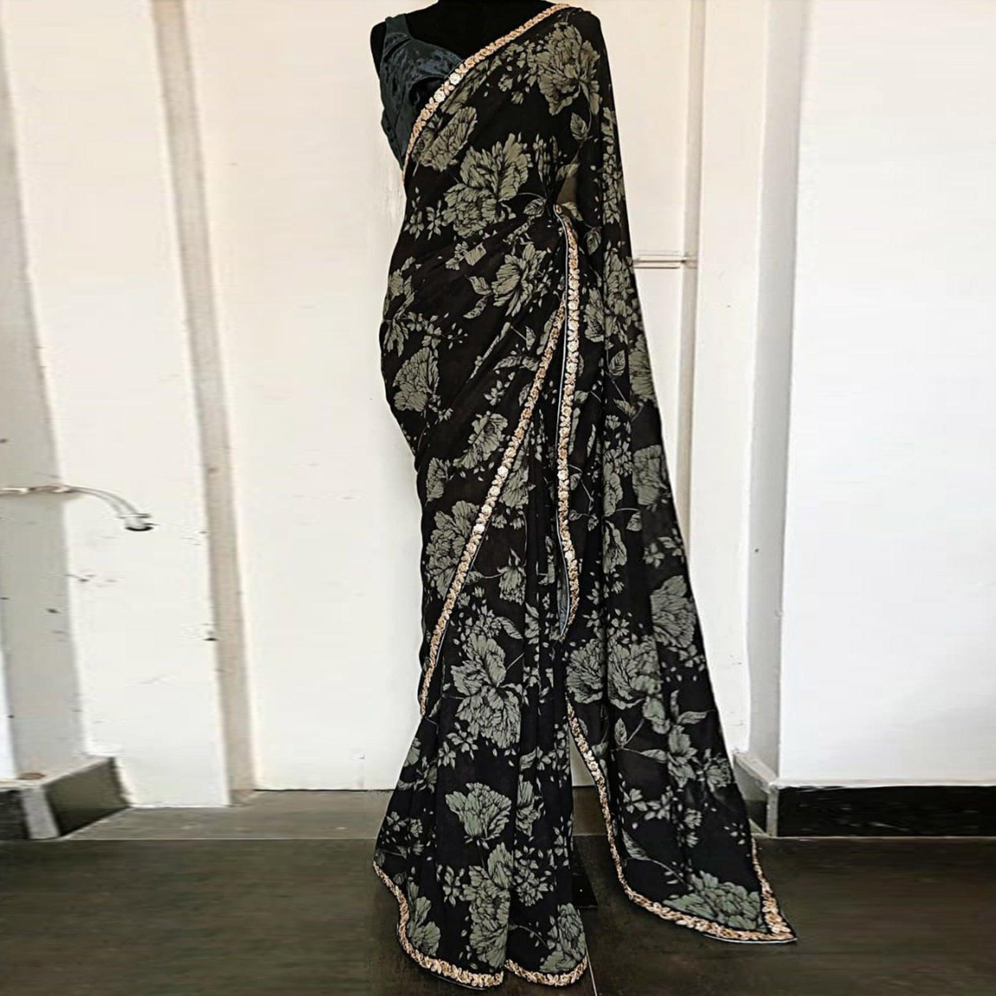 Black Casual Wear Embroidered Georgette Saree - Peachmode