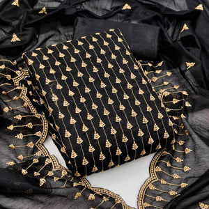 Black Casual Wear Embroidered Modal Chanderi Dress Material - Peachmode