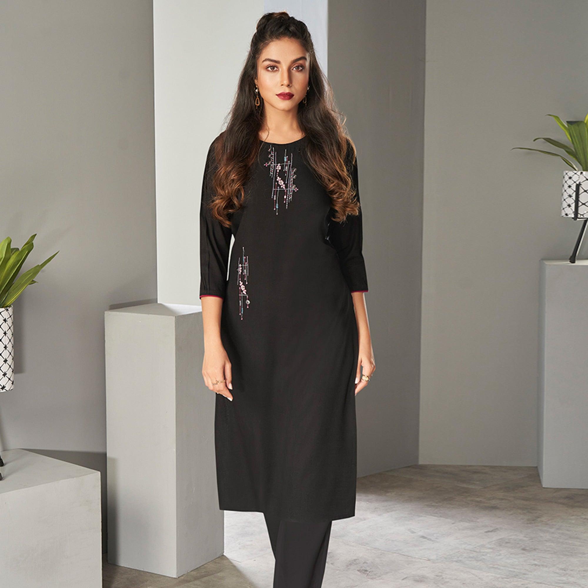 Black Casual Wear Embroidered Pure Viscose Kurti - Peachmode