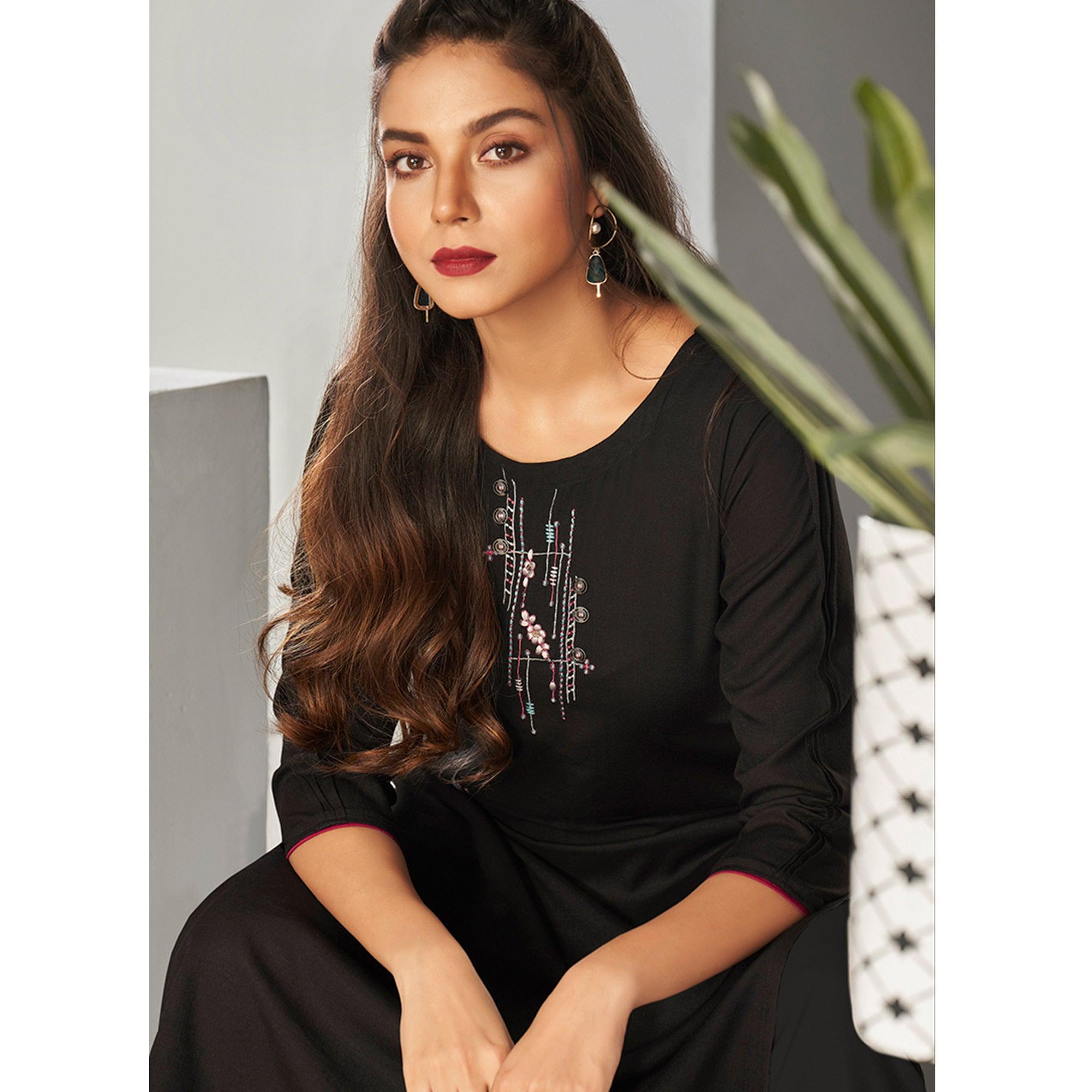 Black Casual Wear Embroidered Pure Viscose Kurti - Peachmode