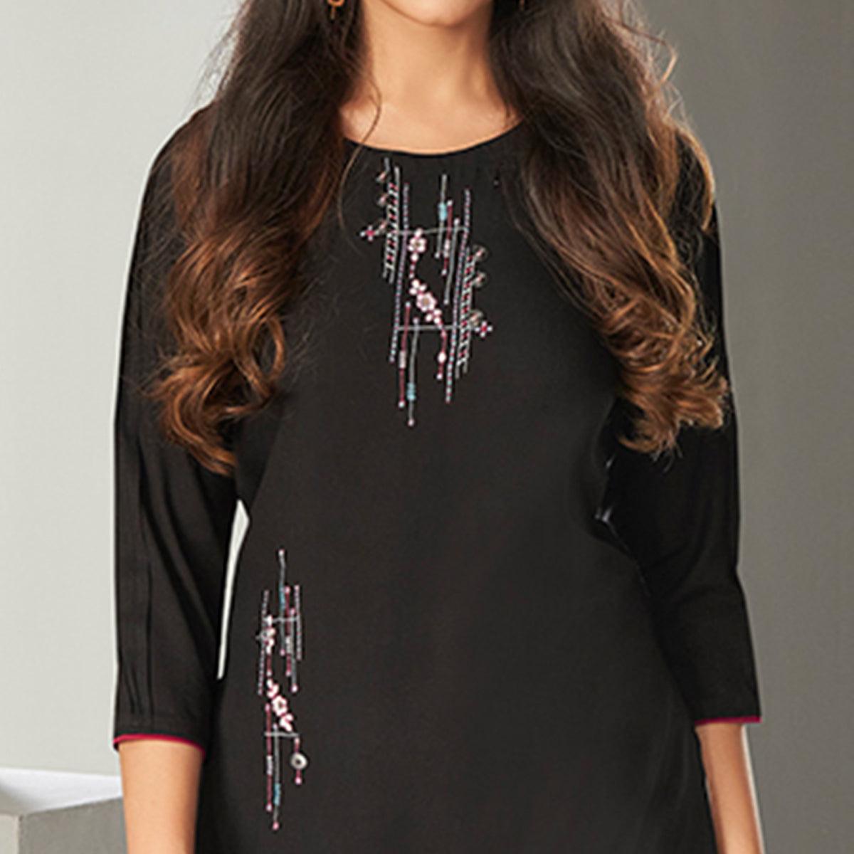 Black Casual Wear Embroidered Pure Viscose Kurti - Peachmode
