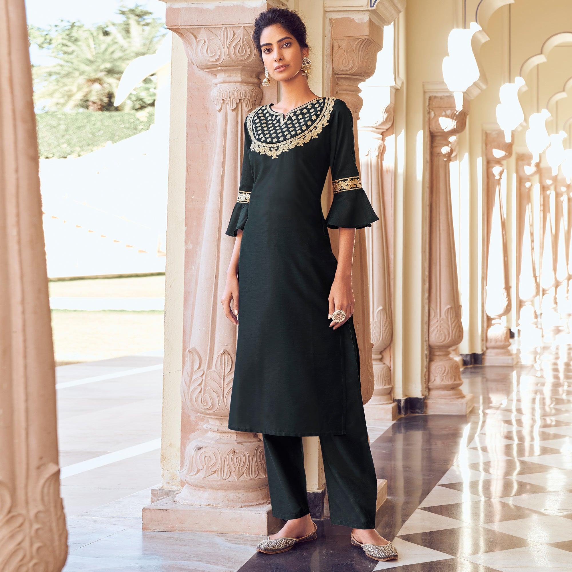 Black Casual Wear Embroidered Pure Viscose Santoon Palazzo Suit - Peachmode