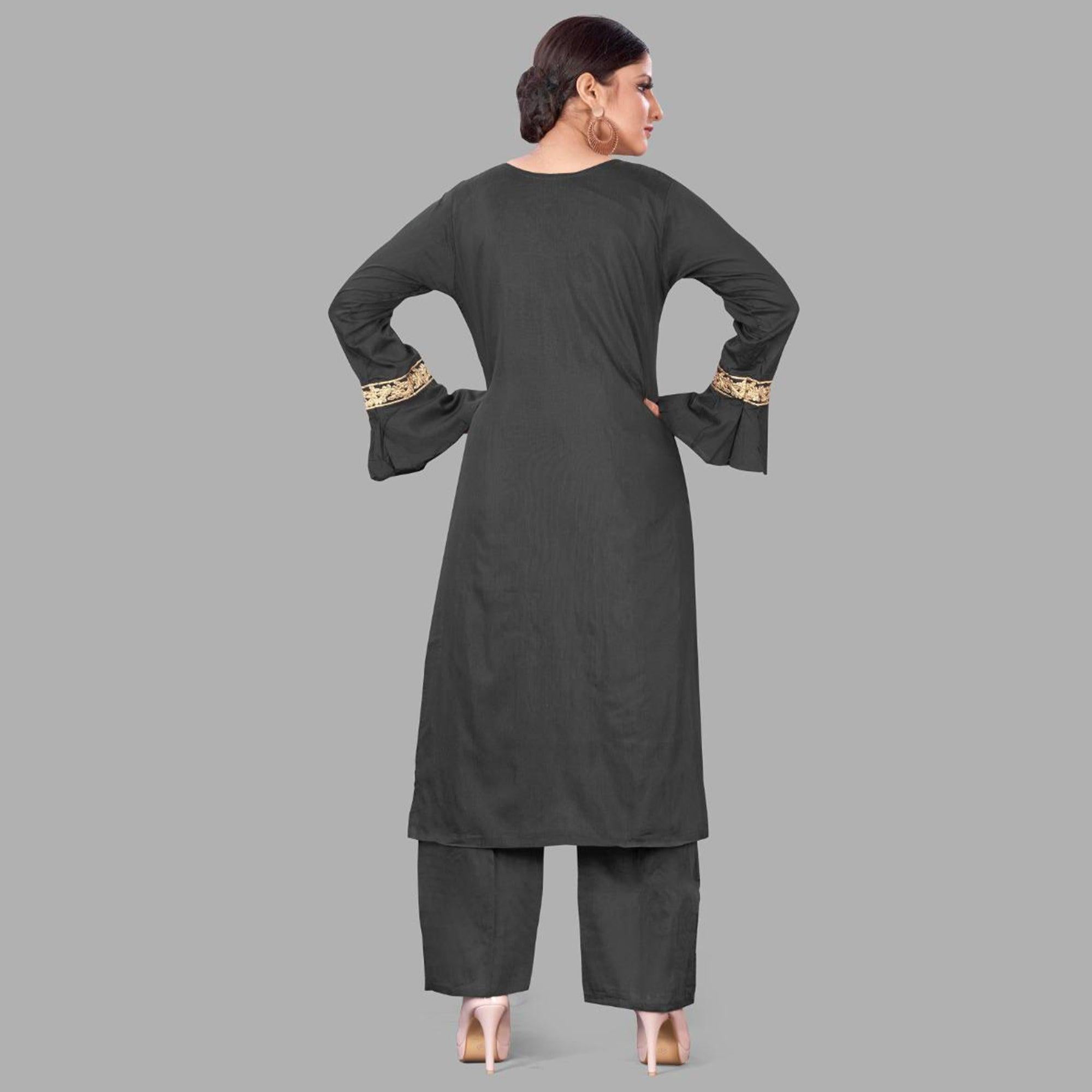 Black Casual Wear Embroidered Pure Viscose Santoon Palazzo Suit - Peachmode