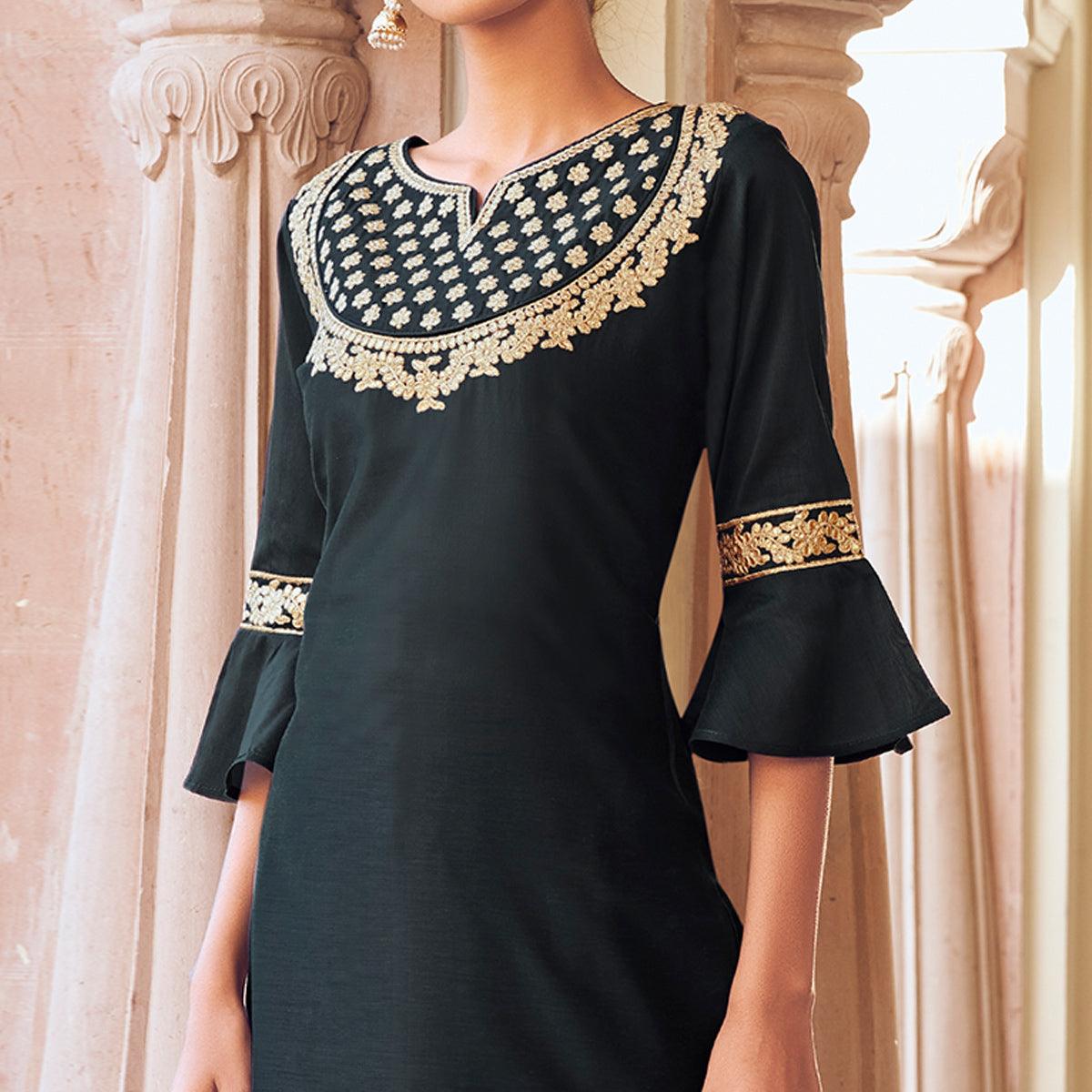Black Casual Wear Embroidered Pure Viscose Santoon Palazzo Suit - Peachmode