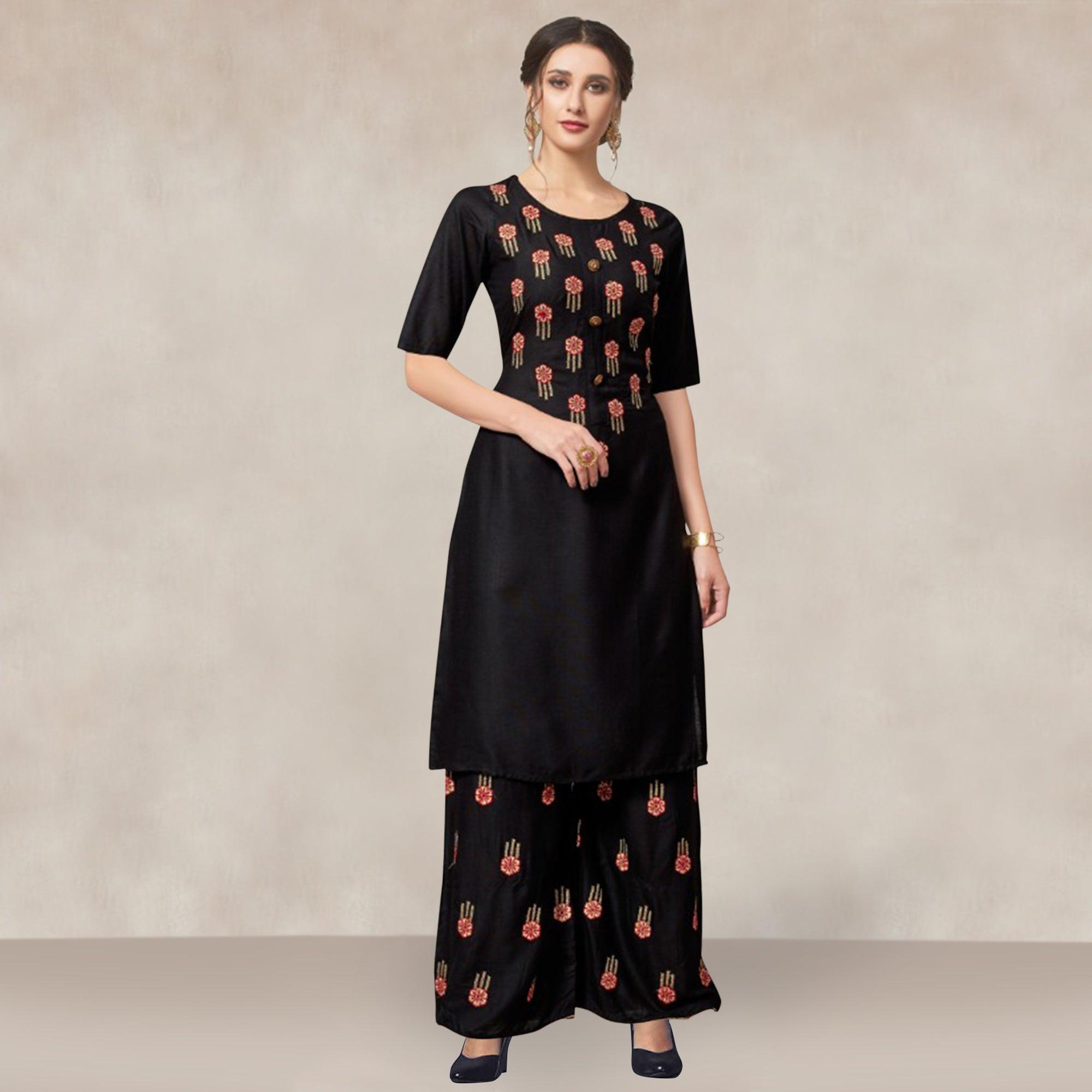 Black Casual Wear Embroidered Rayon Kurti-Palazzo Set - Peachmode