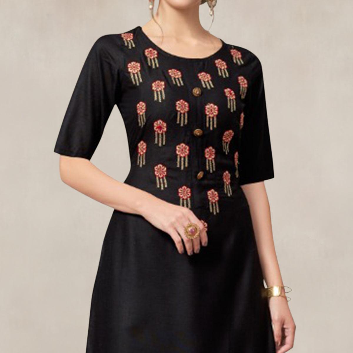 Black Casual Wear Embroidered Rayon Kurti-Palazzo Set - Peachmode