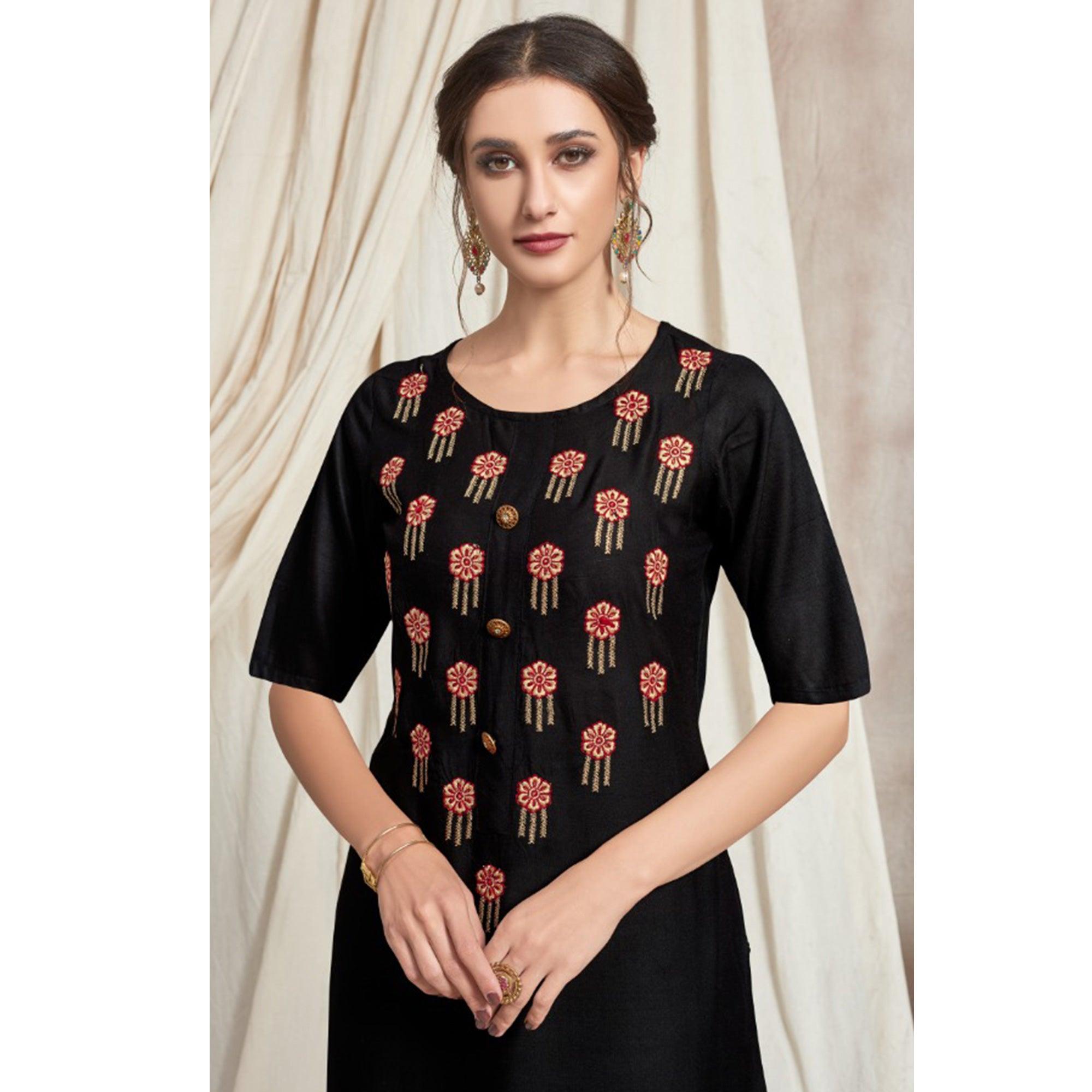 Black Casual Wear Embroidered Rayon Kurti-Palazzo Set - Peachmode