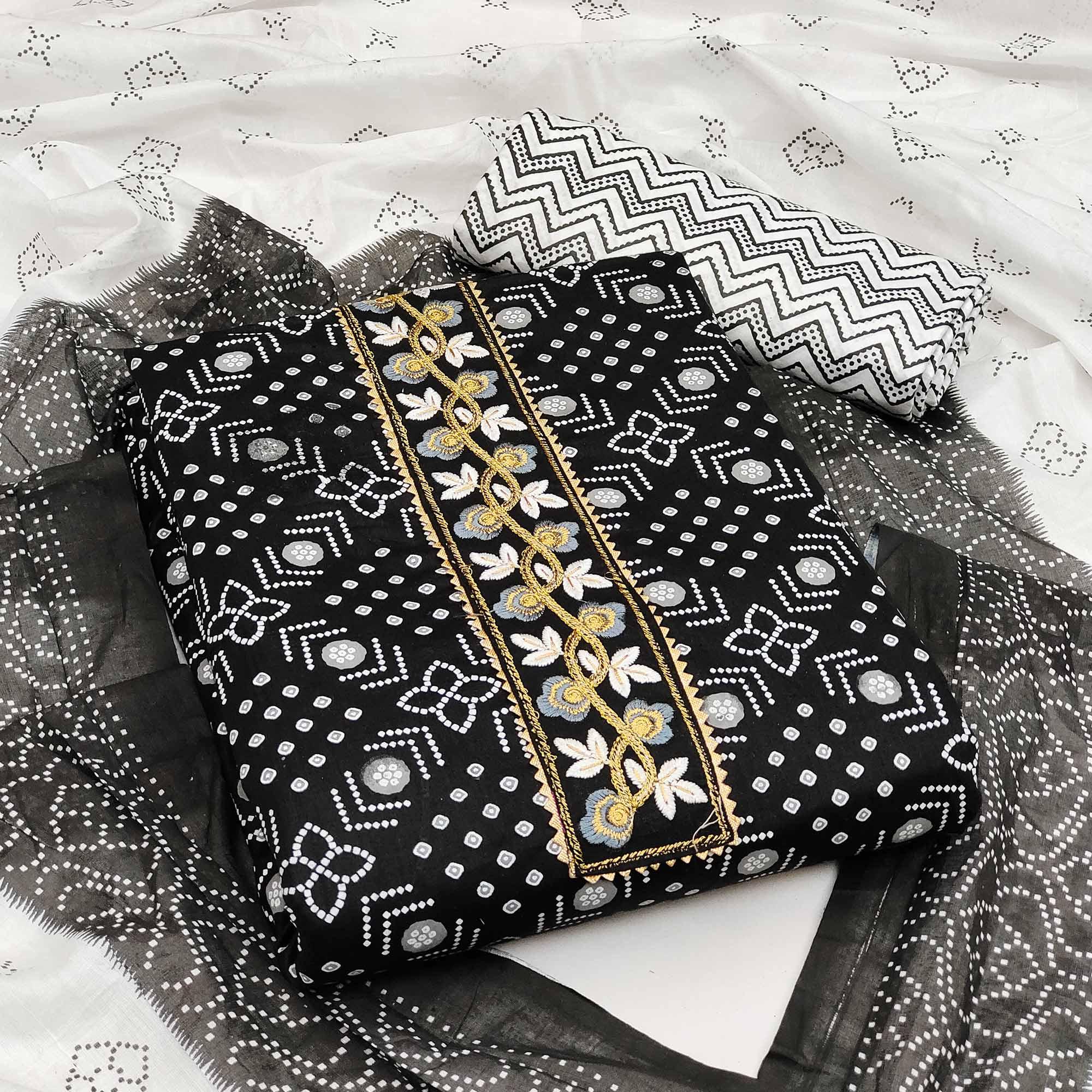 Black Casual Wear Embroidery With Print Cotton Dress Material - Peachmode