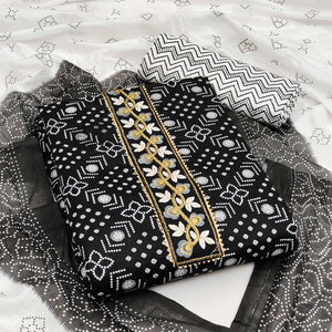 Black Casual Wear Embroidery With Print Cotton Dress Material - Peachmode