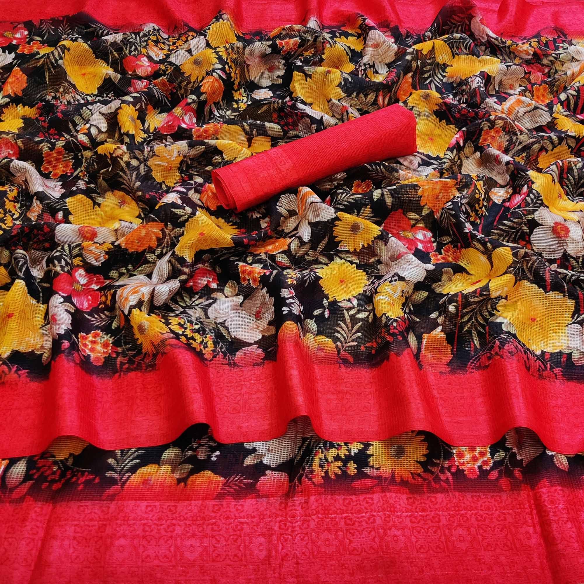 Black Casual Wear Floral Digital Printed linen Saree - Peachmode