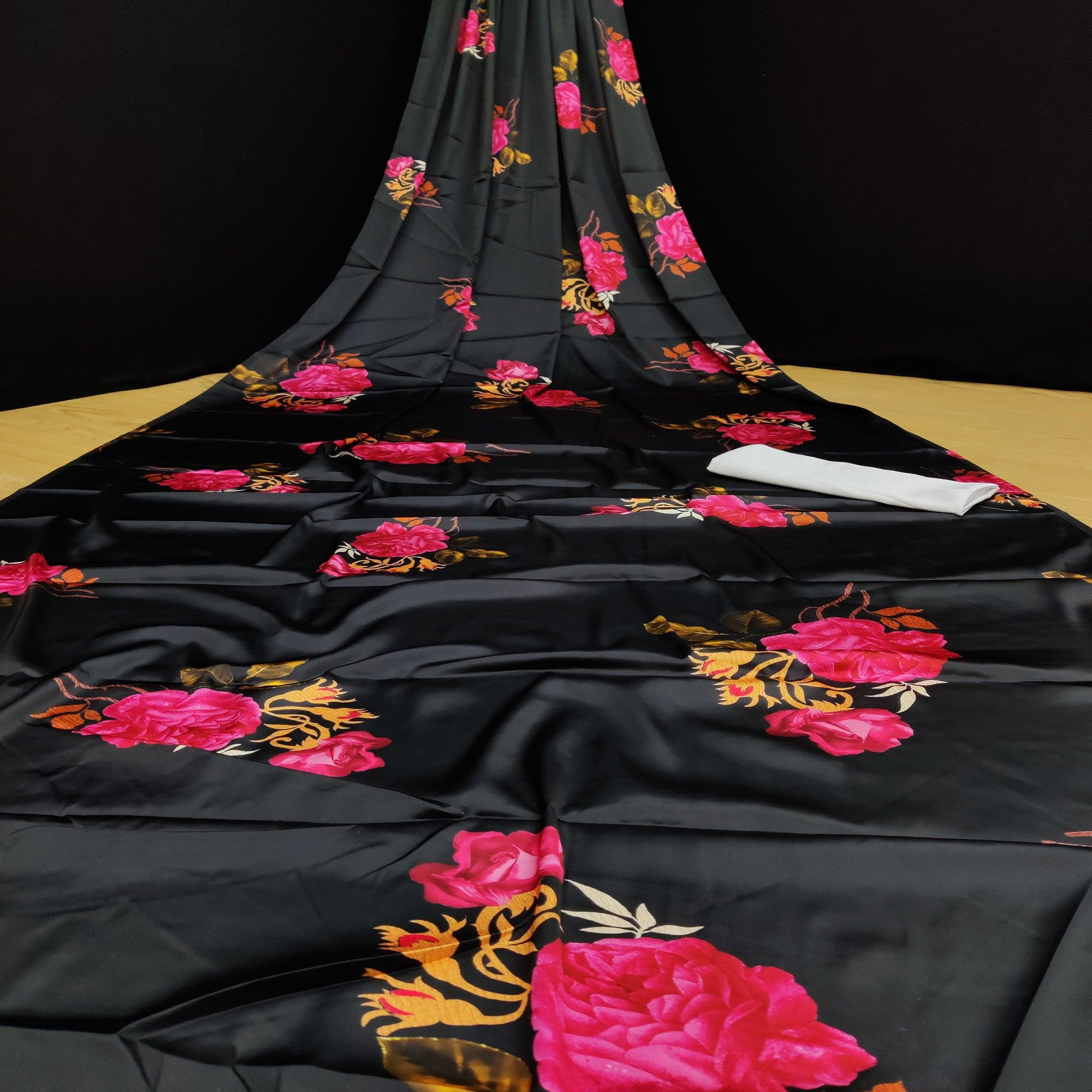 Black Casual Wear Floral Digital Printed Satin Saree - Peachmode