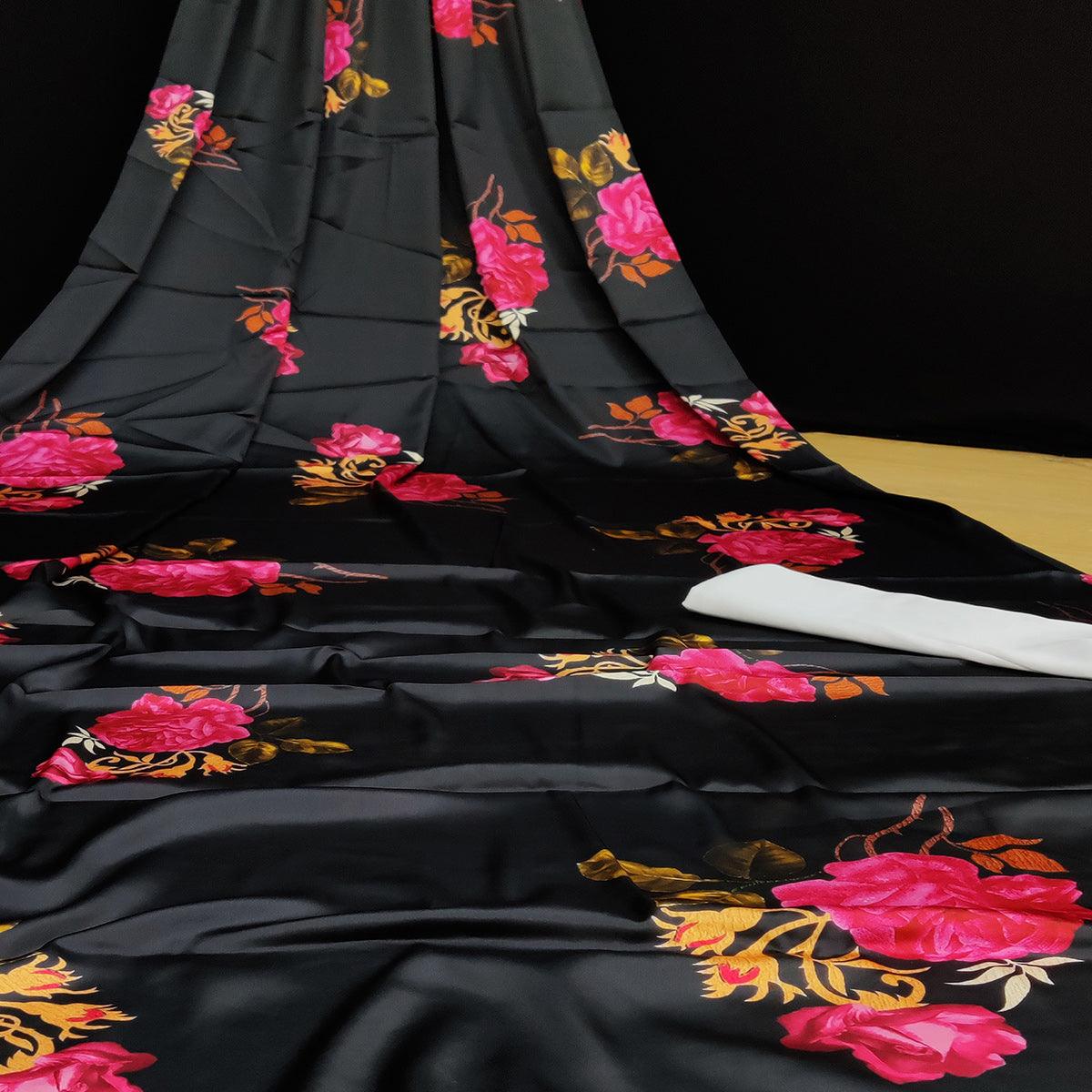 Black Casual Wear Floral Digital Printed Satin Saree - Peachmode
