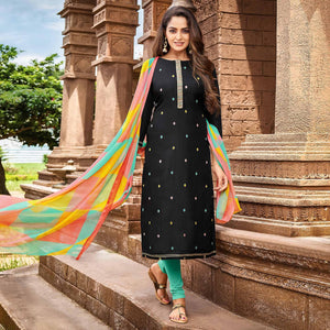Black Casual Wear Floral Embroidered Chanderi Dress Material - Peachmode
