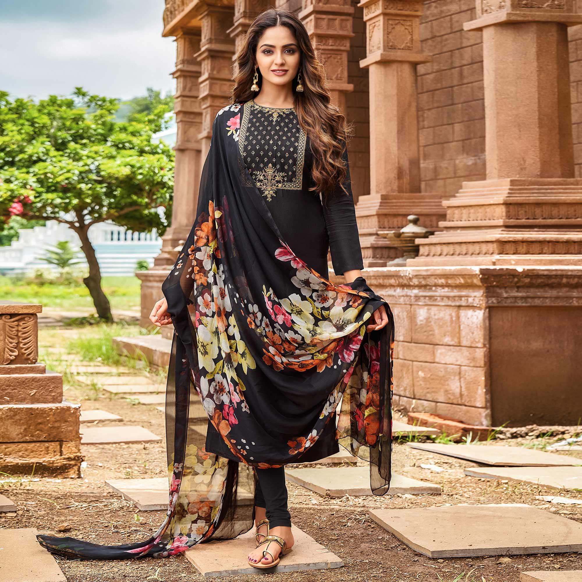 Black Casual Wear Floral Embroidered Chanderi Dress Material - Peachmode