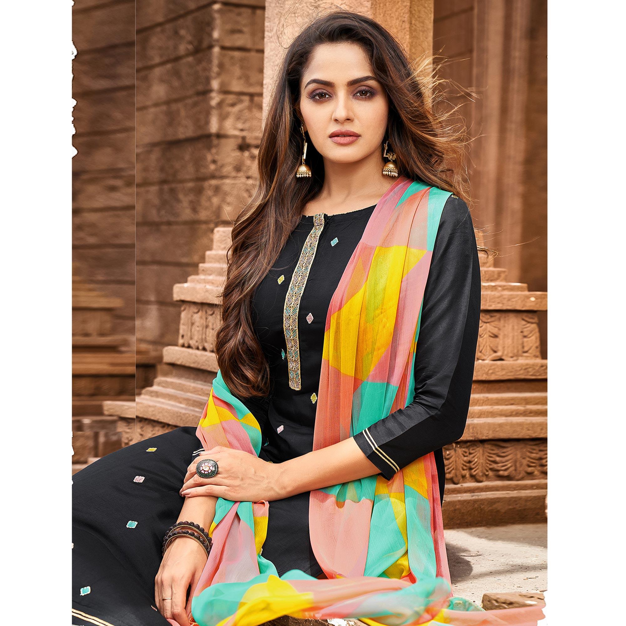Black Casual Wear Floral Embroidered Chanderi Dress Material - Peachmode