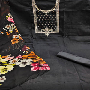 Black Casual Wear Floral Embroidered Chanderi Dress Material - Peachmode