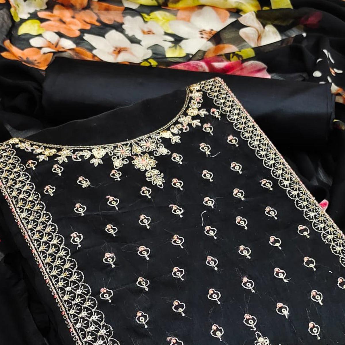 Black Casual Wear Floral Embroidered Chanderi Dress Material - Peachmode