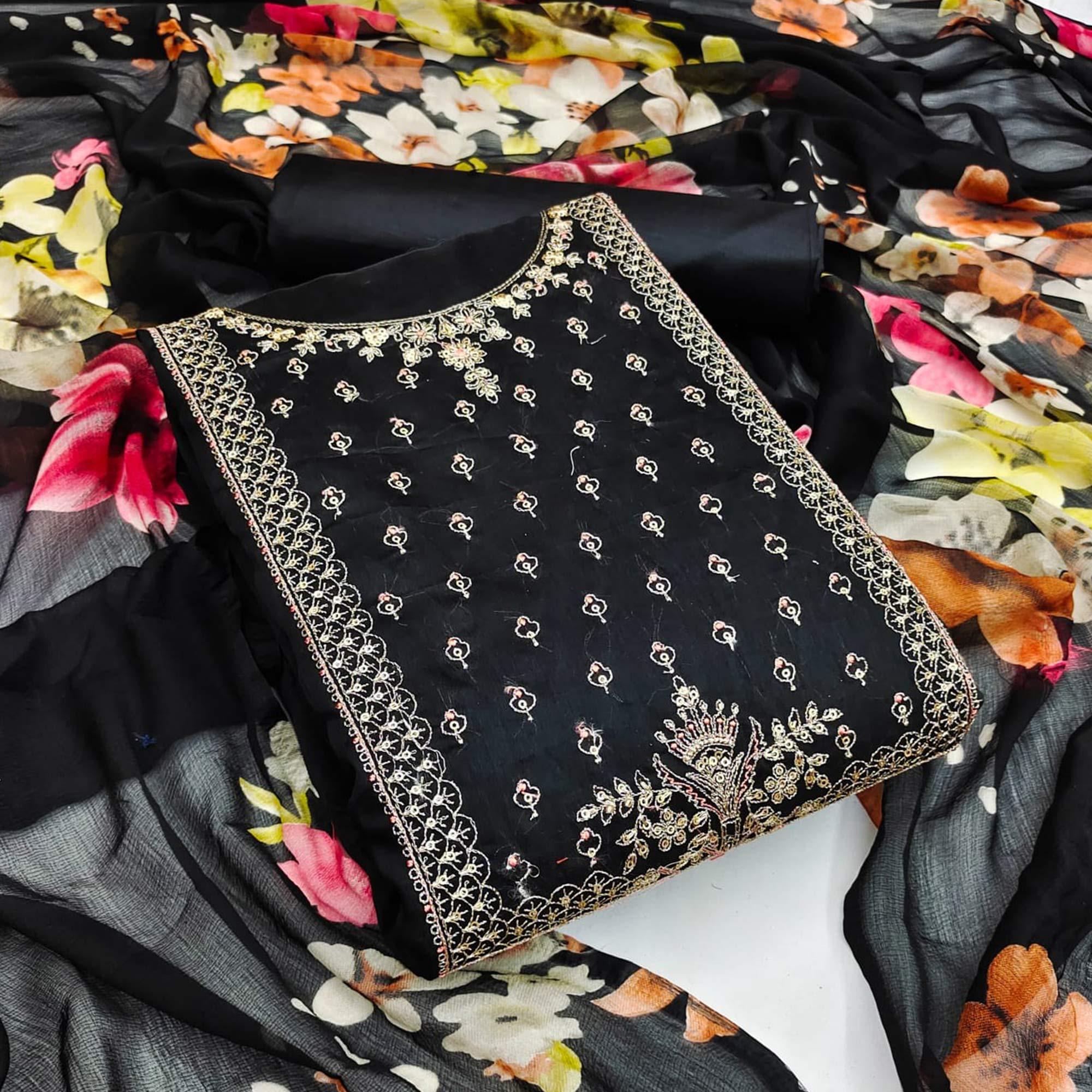Black Casual Wear Floral Embroidered Chanderi Dress Material - Peachmode