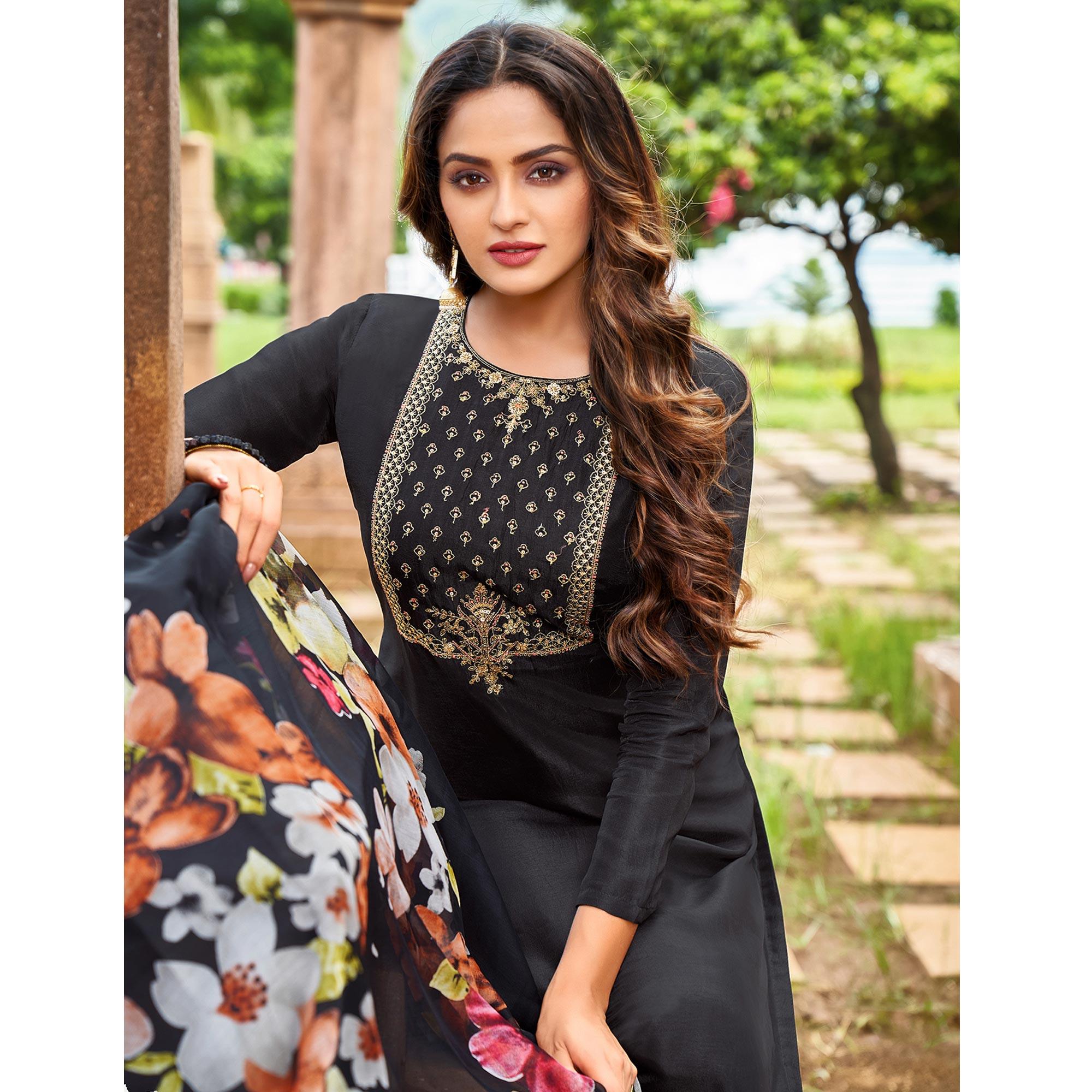Black Casual Wear Floral Embroidered Chanderi Dress Material - Peachmode