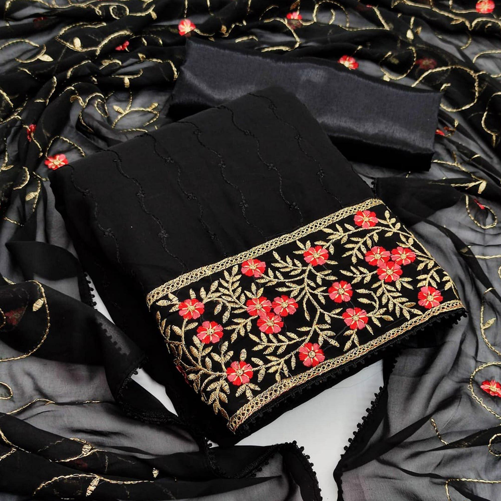 Black Casual Wear Floral Embroidered Georgette Dress Material - Peachmode