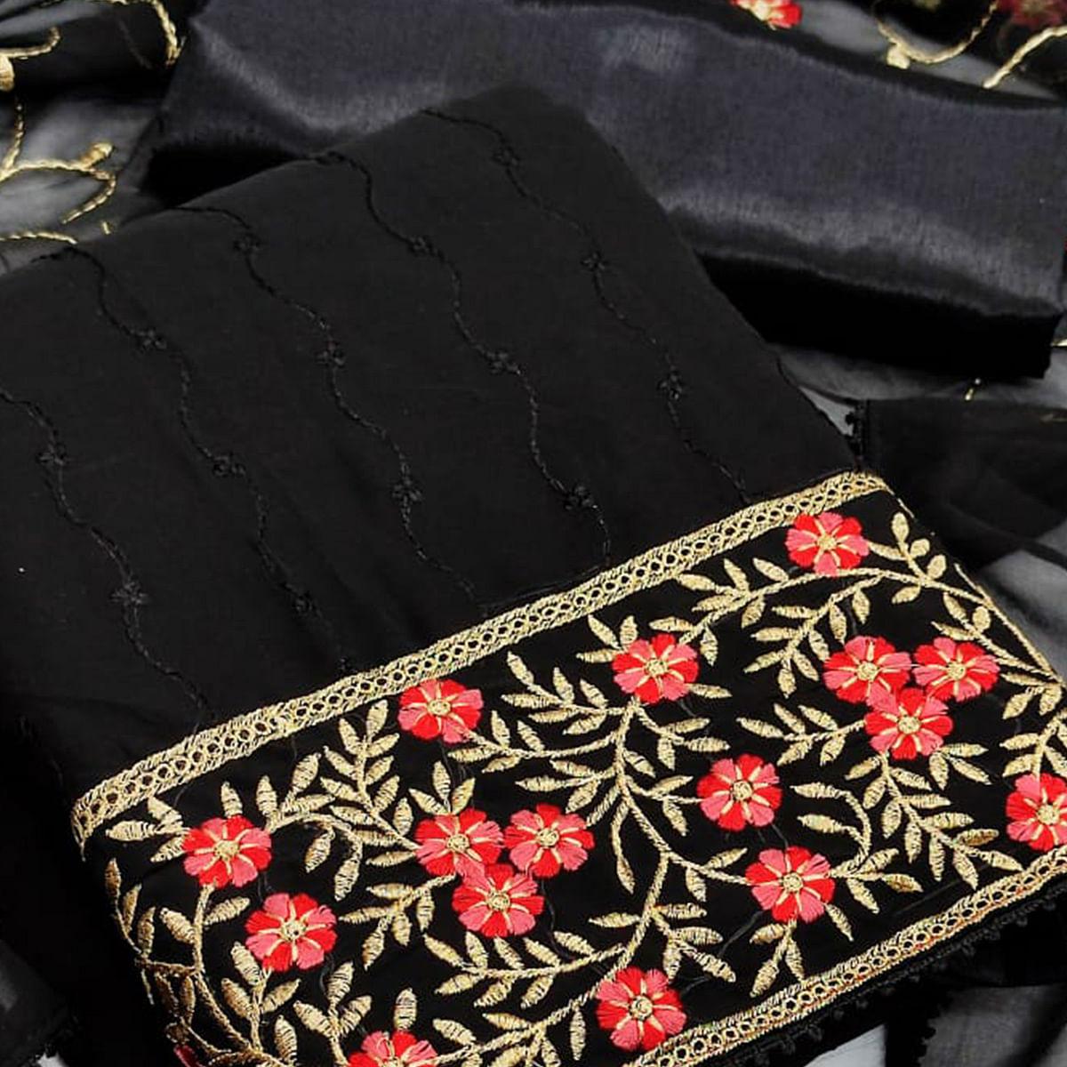 Black Casual Wear Floral Embroidered Georgette Dress Material - Peachmode