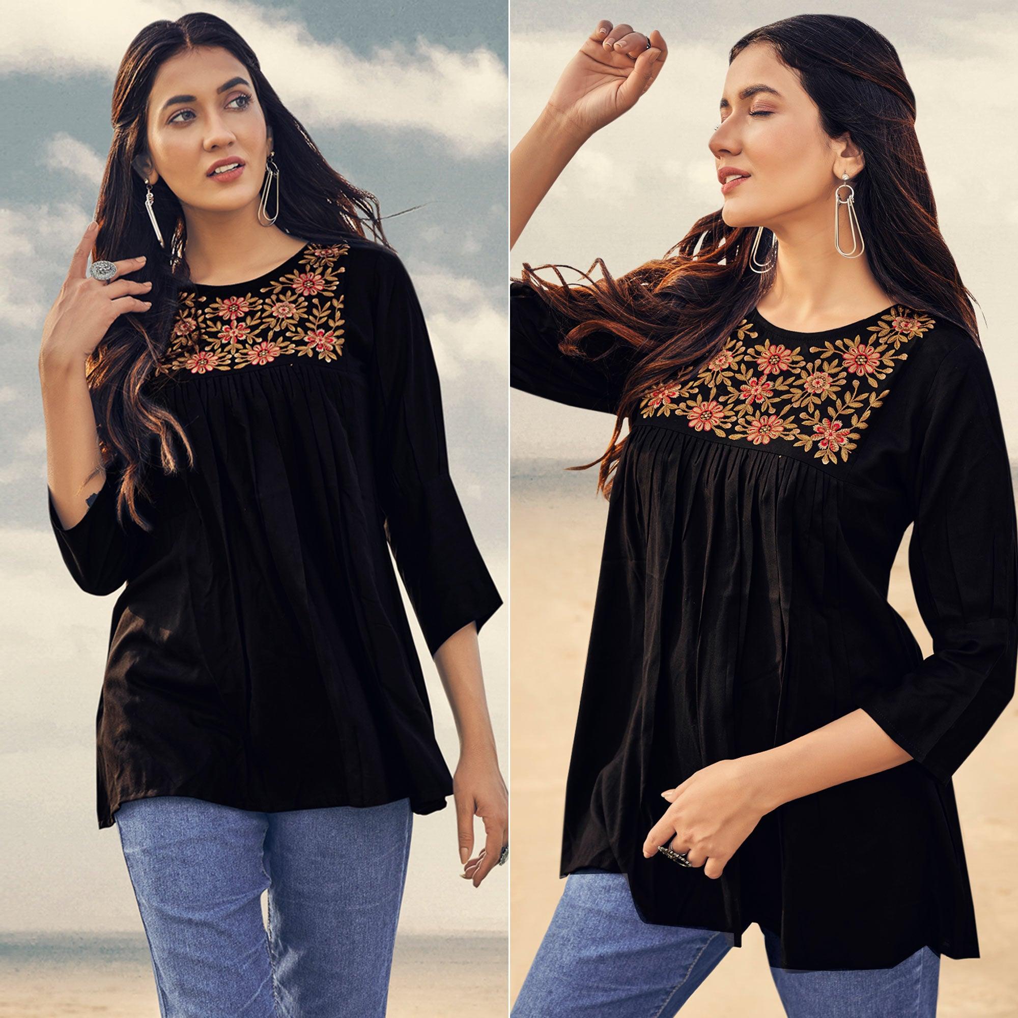 Black Casual Wear Floral Embroidered Rayon Top - Peachmode