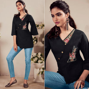 Black Casual Wear Floral Embroidered Rayon Top - Peachmode